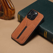 For iPhone 16 Denior D07 DV Elastic Card Slot PU Back Cover Phone Case(Brown)