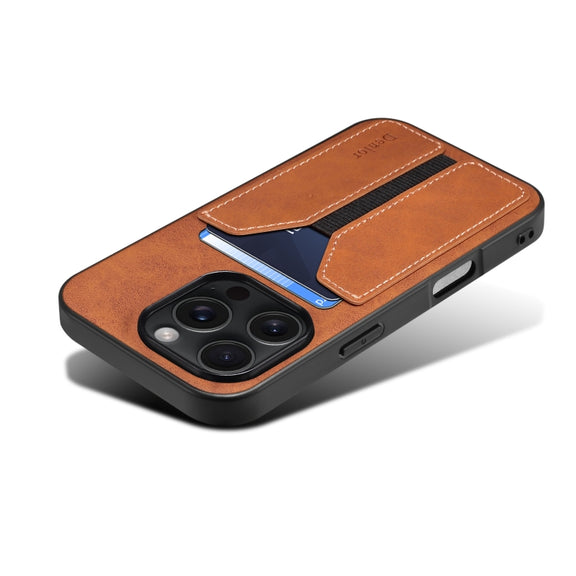 For iPhone 16 Denior D07 DV Elastic Card Slot PU Back Cover Phone Case(Brown)