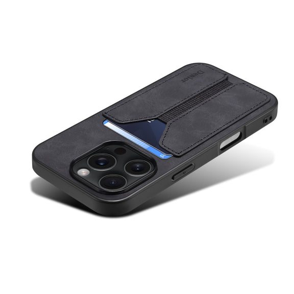For iPhone 16 Plus Denior D07 DV Elastic Card Slot PU Back Cover Phone Case(Black)