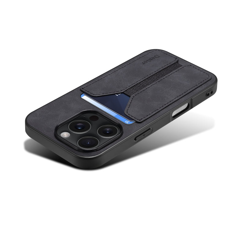 For iPhone 16 Plus Denior D07 DV Elastic Card Slot PU Back Cover Phone Case(Black)