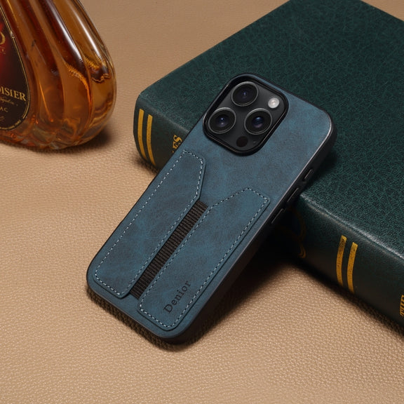 For iPhone 16 Plus Denior D07 DV Elastic Card Slot PU Back Cover Phone Case(Blue)