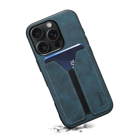 For iPhone 16 Pro Denior D07 DV Elastic Card Slot PU Back Cover Phone Case(Blue)