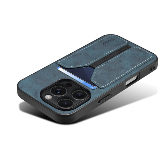 For iPhone 16 Pro Denior D07 DV Elastic Card Slot PU Back Cover Phone Case(Blue)