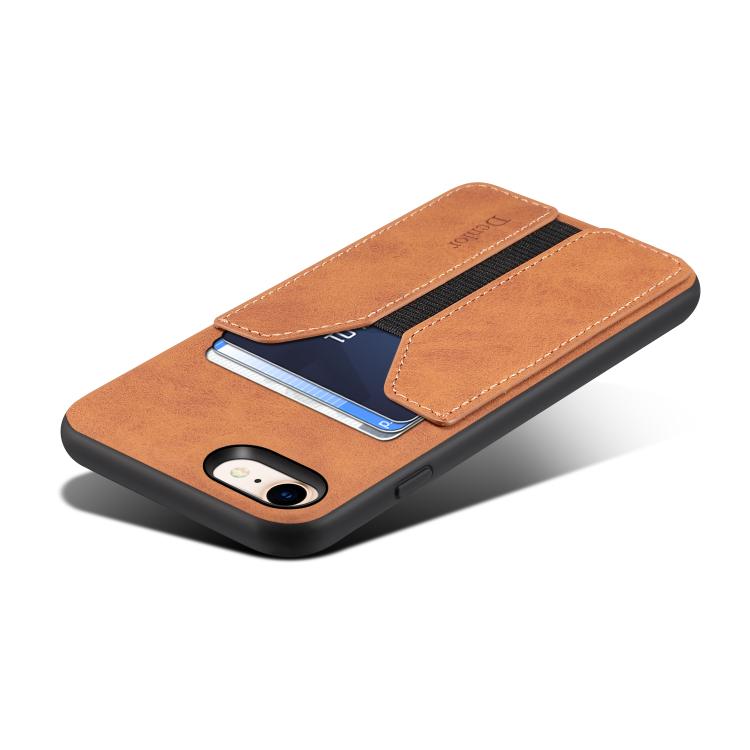 For iPhone 16e Denior D07 DV Elastic Card Slot PU Back Cover Phone Case(Brown) - iPhone 16e Cases by Denior | Online Shopping South Africa | PMC TechLife | Buy Now Pay Later Mobicred