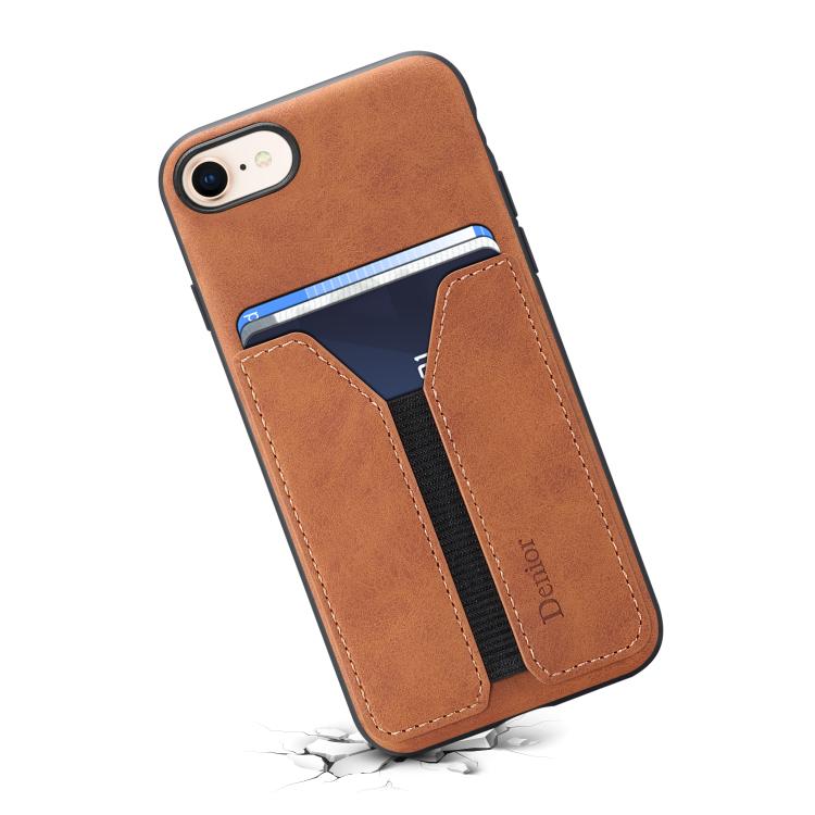For iPhone 16e Denior D07 DV Elastic Card Slot PU Back Cover Phone Case(Brown) - iPhone 16e Cases by Denior | Online Shopping South Africa | PMC TechLife | Buy Now Pay Later Mobicred