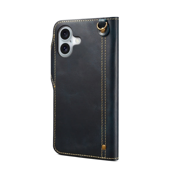For iPhone 16 Denior B01 Oil Wax Cowhide Magnetic Button Genuine Leather Case(Blue)