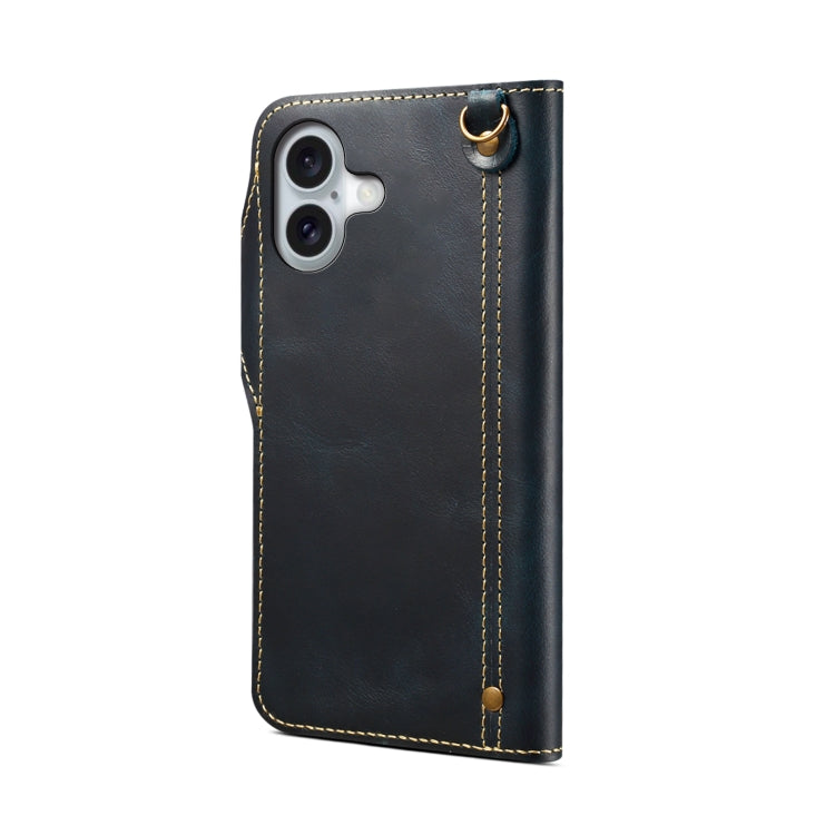 For iPhone 16 Denior B01 Oil Wax Cowhide Magnetic Button Genuine Leather Case(Blue)