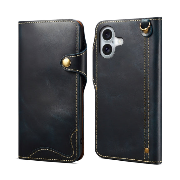 For iPhone 16 Denior B01 Oil Wax Cowhide Magnetic Button Genuine Leather Case(Blue)