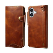 For iPhone 16 Denior B01 Oil Wax Cowhide Magnetic Button Genuine Leather Case(Brown)