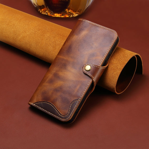 For iPhone 16 Denior B01 Oil Wax Cowhide Magnetic Button Genuine Leather Case(Brown)
