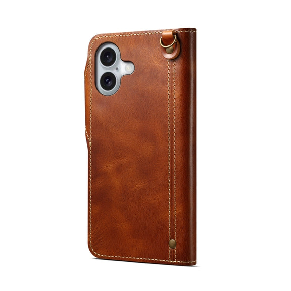 For iPhone 16 Denior B01 Oil Wax Cowhide Magnetic Button Genuine Leather Case(Brown)