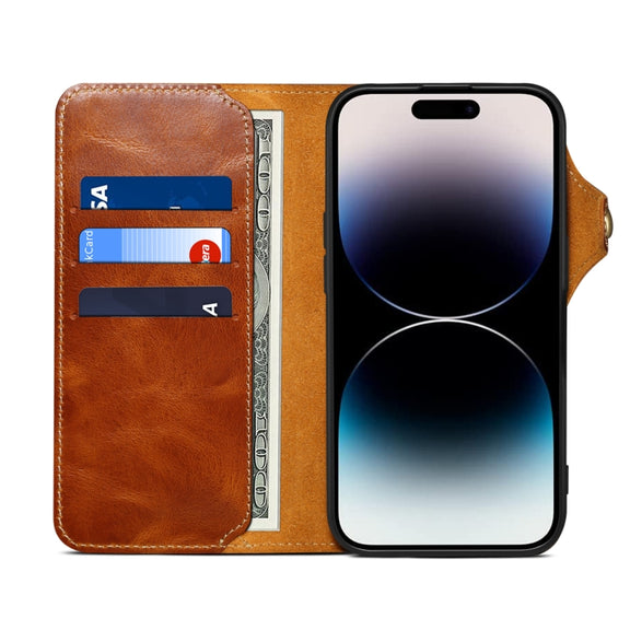 For iPhone 16 Denior B01 Oil Wax Cowhide Magnetic Button Genuine Leather Case(Brown)