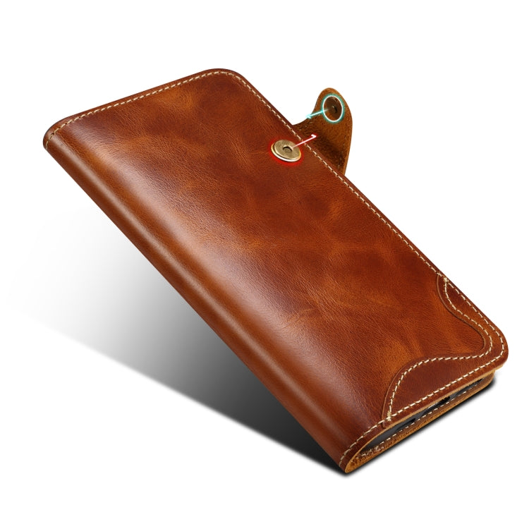 For iPhone 16 Denior B01 Oil Wax Cowhide Magnetic Button Genuine Leather Case(Brown)
