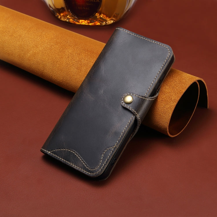 For iPhone 16 Plus Denior B01 Oil Wax Cowhide Magnetic Button Genuine Leather Case(Black)