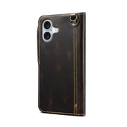 For iPhone 16 Plus Denior B01 Oil Wax Cowhide Magnetic Button Genuine Leather Case(Black)