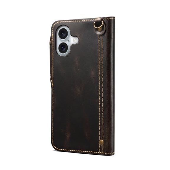 For iPhone 16 Plus Denior B01 Oil Wax Cowhide Magnetic Button Genuine Leather Case(Black)
