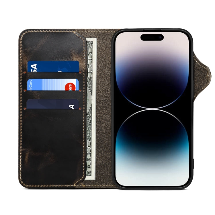 For iPhone 16 Plus Denior B01 Oil Wax Cowhide Magnetic Button Genuine Leather Case(Black)