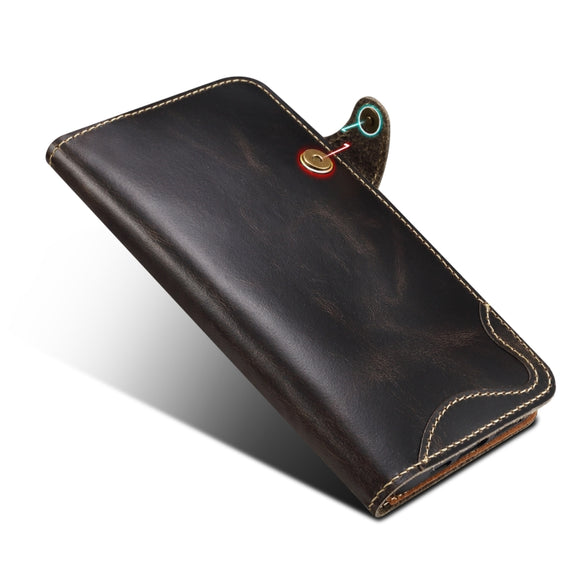 For iPhone 16 Plus Denior B01 Oil Wax Cowhide Magnetic Button Genuine Leather Case(Black)