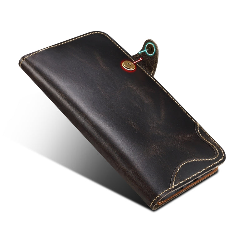 For iPhone 16 Plus Denior B01 Oil Wax Cowhide Magnetic Button Genuine Leather Case(Black)