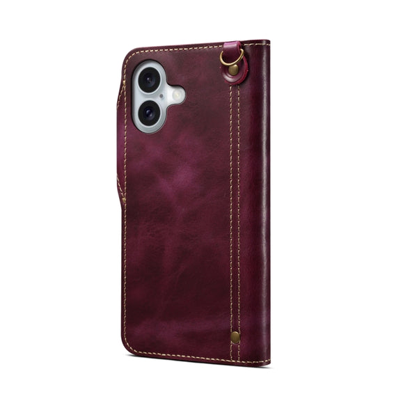 For iPhone 16 Plus Denior B01 Oil Wax Cowhide Magnetic Button Genuine Leather Case(Purple)