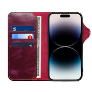 For iPhone 16 Plus Denior B01 Oil Wax Cowhide Magnetic Button Genuine Leather Case(Purple)