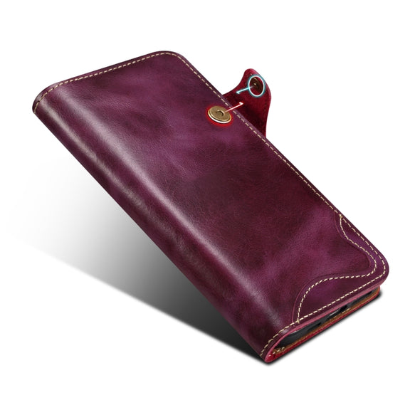 For iPhone 16 Plus Denior B01 Oil Wax Cowhide Magnetic Button Genuine Leather Case(Purple)