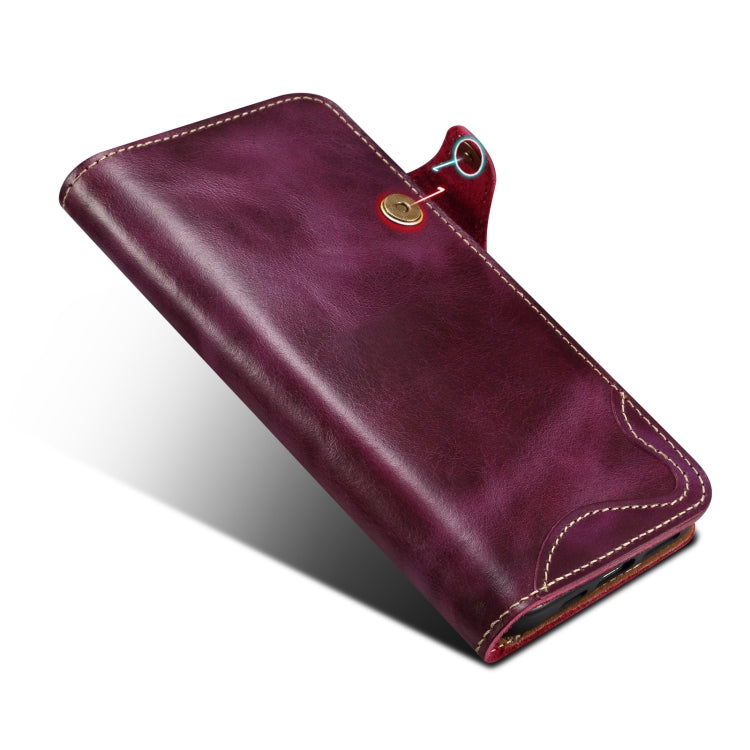 For iPhone 16 Plus Denior B01 Oil Wax Cowhide Magnetic Button Genuine Leather Case(Purple)