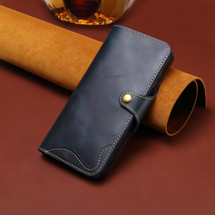For iPhone 16 Plus Denior B01 Oil Wax Cowhide Magnetic Button Genuine Leather Case(Blue)