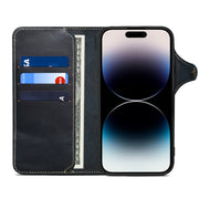 For iPhone 16 Plus Denior B01 Oil Wax Cowhide Magnetic Button Genuine Leather Case(Blue)