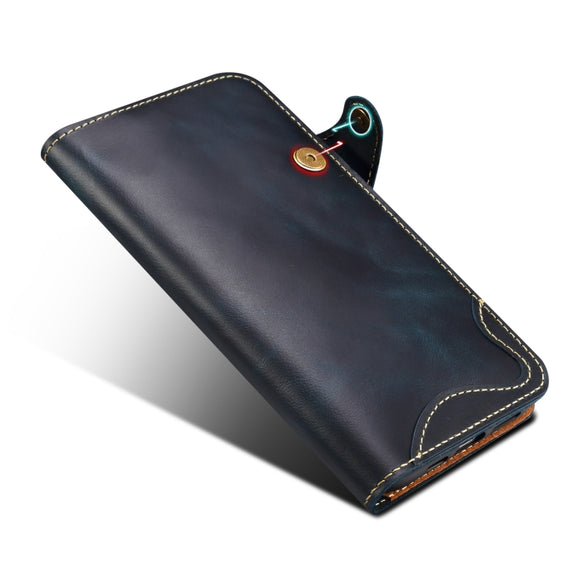 For iPhone 16 Plus Denior B01 Oil Wax Cowhide Magnetic Button Genuine Leather Case(Blue)