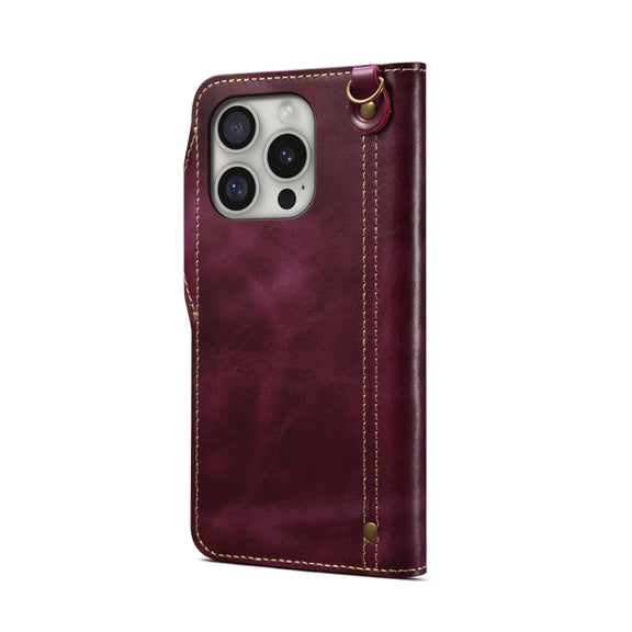 For iPhone 16 Pro Denior B01 Oil Wax Cowhide Magnetic Button Genuine Leather Case(Red)