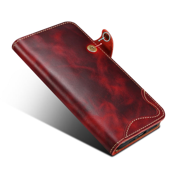 For iPhone 16 Pro Denior B01 Oil Wax Cowhide Magnetic Button Genuine Leather Case(Red)