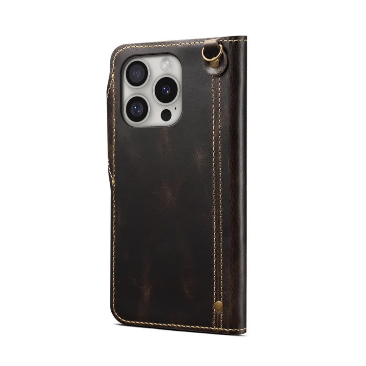 For iPhone 16 Pro Denior B01 Oil Wax Cowhide Magnetic Button Genuine Leather Case(Black) - iPhone 16 Pro Cases by Denior | Online Shopping South Africa | PMC Jewellery | Buy Now Pay Later Mobicred