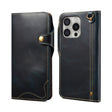For iPhone 16 Pro Denior B01 Oil Wax Cowhide Magnetic Button Genuine Leather Case(Blue) - iPhone 16 Pro Cases by Denior | Online Shopping South Africa | PMC TechLife | Buy Now Pay Later Mobicred