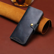 For iPhone 16 Pro Denior B01 Oil Wax Cowhide Magnetic Button Genuine Leather Case(Blue)