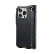 For iPhone 16 Pro Denior B01 Oil Wax Cowhide Magnetic Button Genuine Leather Case(Blue)