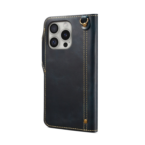 For iPhone 16 Pro Denior B01 Oil Wax Cowhide Magnetic Button Genuine Leather Case(Blue)