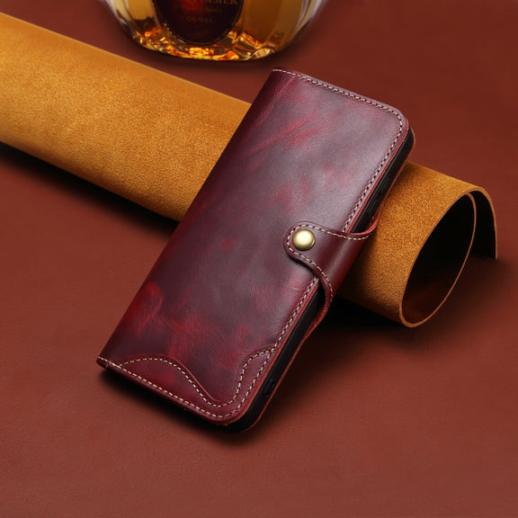 For iPhone 16 Pro Max Denior B01 Oil Wax Cowhide Magnetic Button Genuine Leather Case(Red)