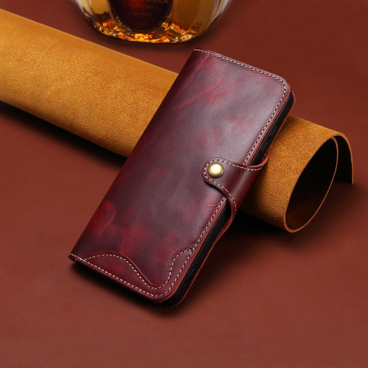 For iPhone 16 Pro Max Denior B01 Oil Wax Cowhide Magnetic Button Genuine Leather Case(Red)