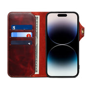 For iPhone 16 Pro Max Denior B01 Oil Wax Cowhide Magnetic Button Genuine Leather Case(Red)