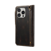 For iPhone 16 Pro Max Denior B01 Oil Wax Cowhide Magnetic Button Genuine Leather Case(Black)