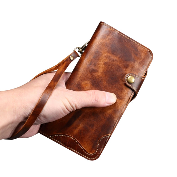 For iPhone 16 Plus Denior B01 Oil Wax Cowhide Magnetic Button Genuine Leather Case(Blue)