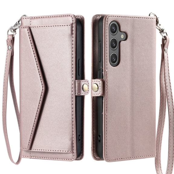 For Samsung Galaxy S25 5G Wallet Multi-card Slot Leather Phone Case with Lanyard(Rose Gold)
