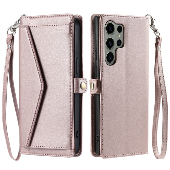 For Samsung Galaxy S25 Ultra 5G Wallet Multi-card Slot Leather Phone Case with Lanyard(Rose Gold)