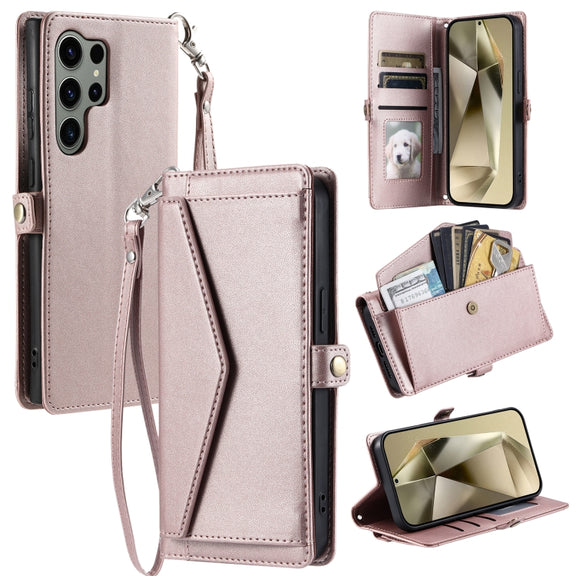 For Samsung Galaxy S25 Ultra 5G Wallet Multi-card Slot Leather Phone Case with Lanyard(Rose Gold)