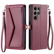 For Samsung Galaxy S25 Ultra 5G Wallet Multi-card Slot Leather Phone Case with Lanyard(Wine Red)