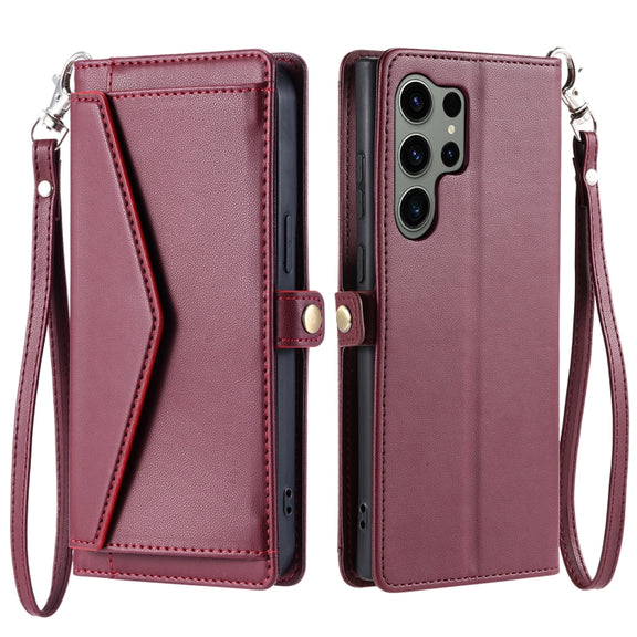 For Samsung Galaxy S25 Ultra 5G Wallet Multi-card Slot Leather Phone Case with Lanyard(Wine Red)