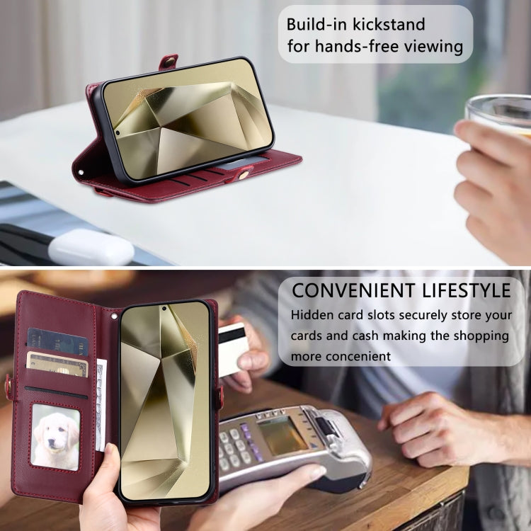 For Samsung Galaxy S25 Ultra 5G Wallet Multi-card Slot Leather Phone Case with Lanyard(Wine Red)
