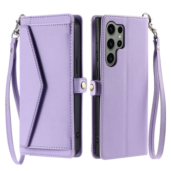 For Samsung Galaxy S25 Ultra 5G Wallet Multi-card Slot Leather Phone Case with Lanyard(Purple)