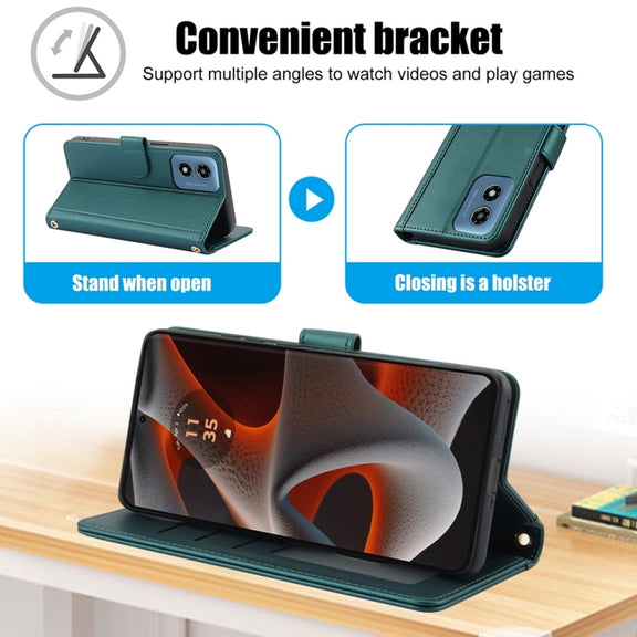 For Motorola Moto G Play 2024 Skin Feel Pure Color Card Slots Leather Phone Case with Dual Lanyard(Green)